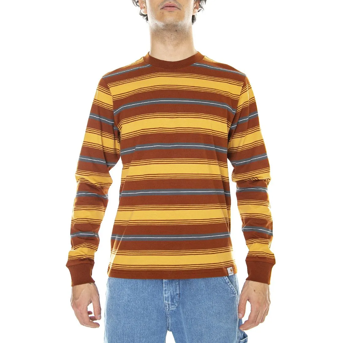 CARHARTT WIP L/S Buren T-Shirt Buren Stripe, Brandy - Maglietta Girocollo Maniche Lunghe Uomo Multicolore    