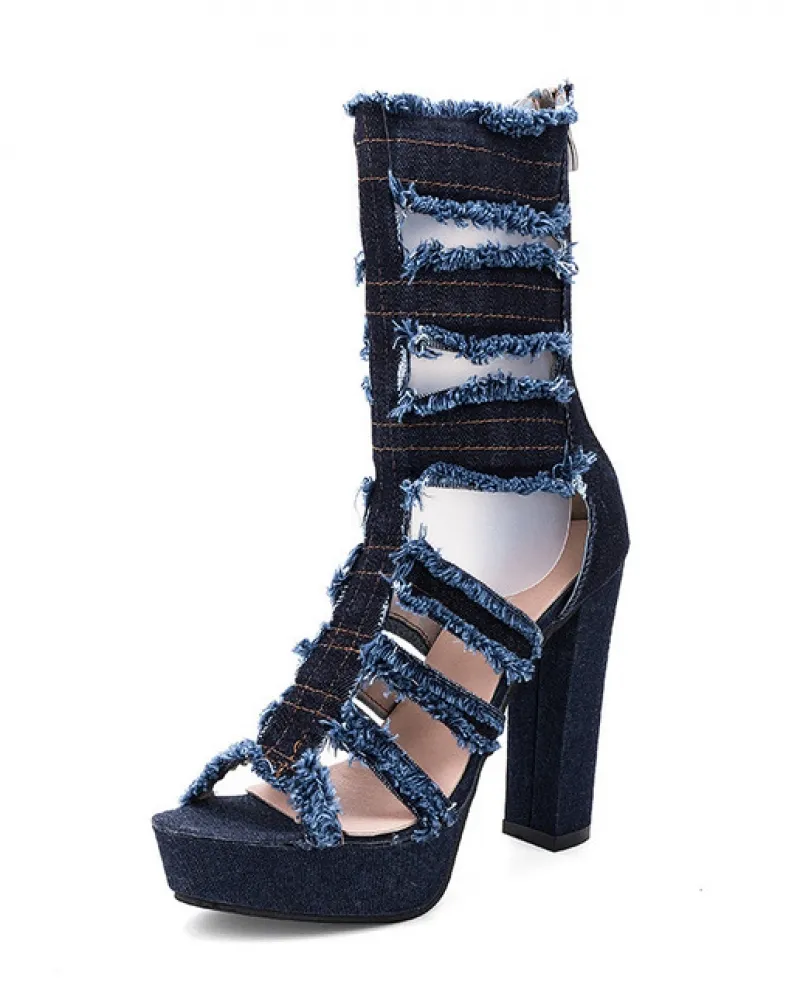 Chaussure Femme Sandali con tacco alto Sandalo casual Talon Moda Denim Scava fuori scarpe per donna Sandalo con tacco estivo
