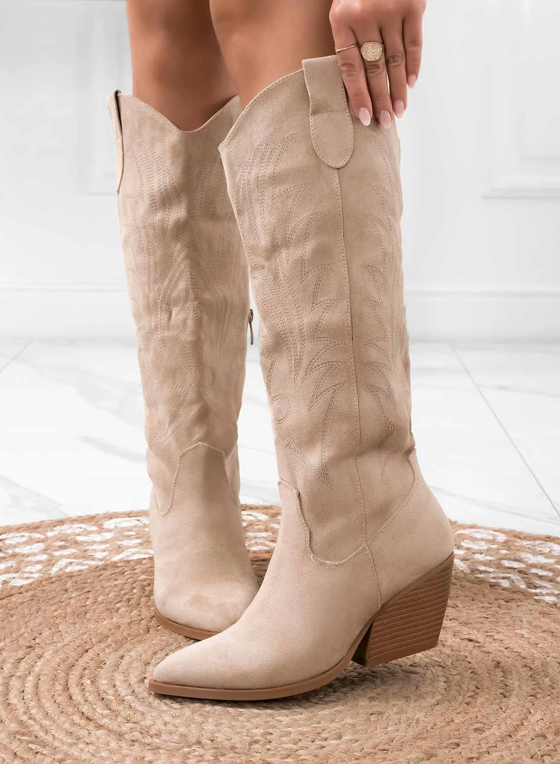 ELEVEN - Stivali camperos beige texani con tacco comodo