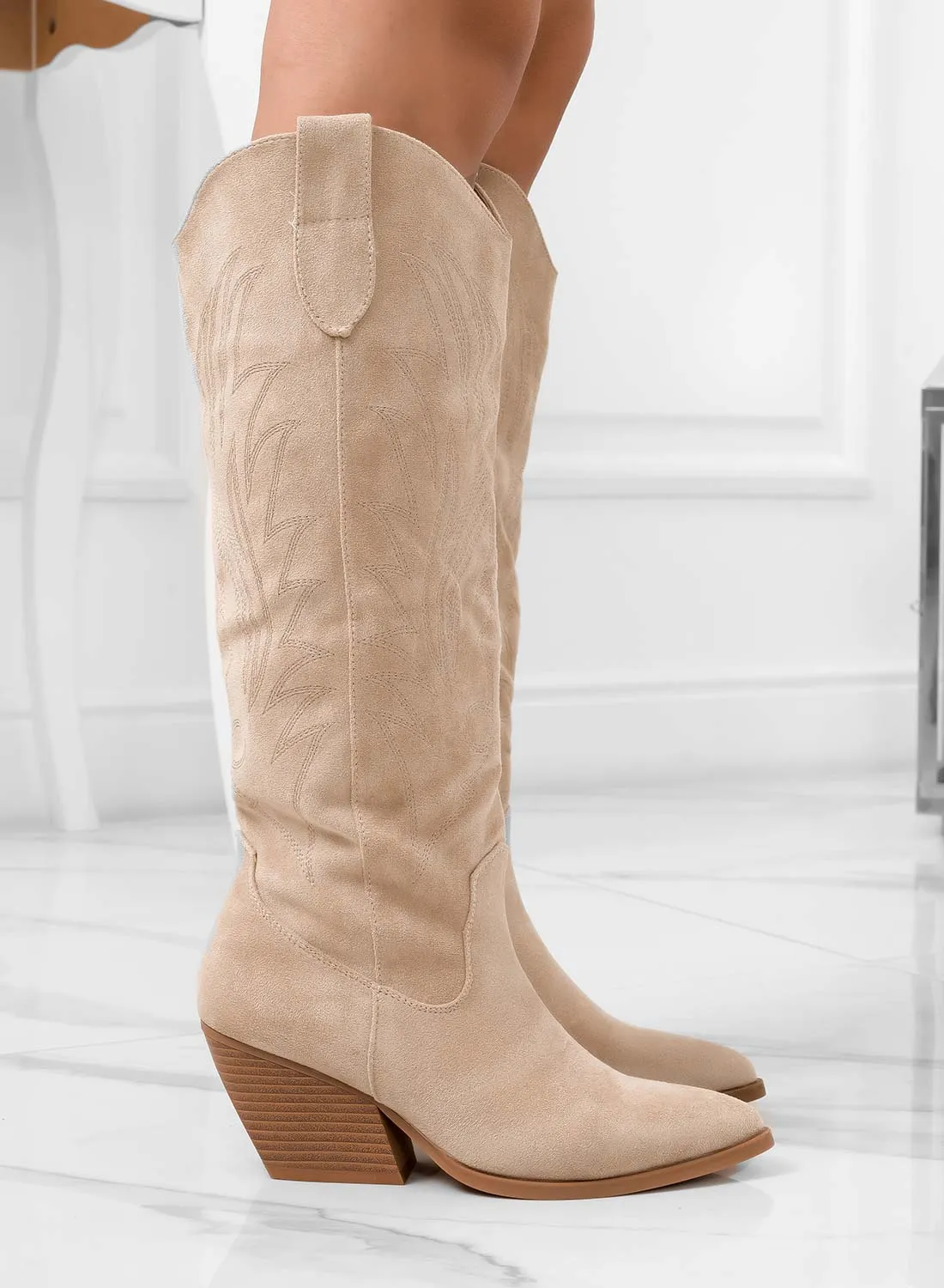 ELEVEN - Stivali camperos beige texani con tacco comodo