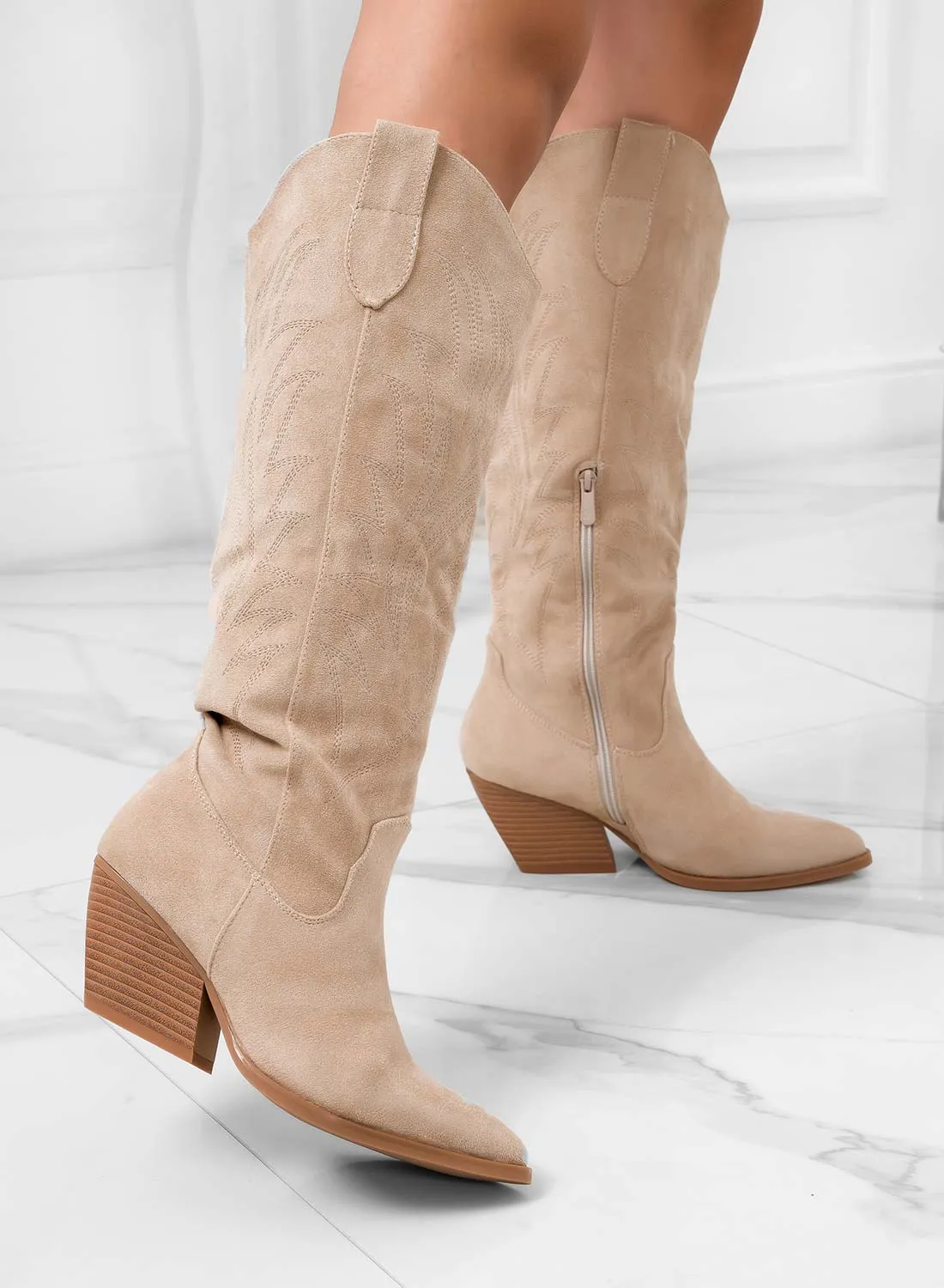 ELEVEN - Stivali camperos beige texani con tacco comodo