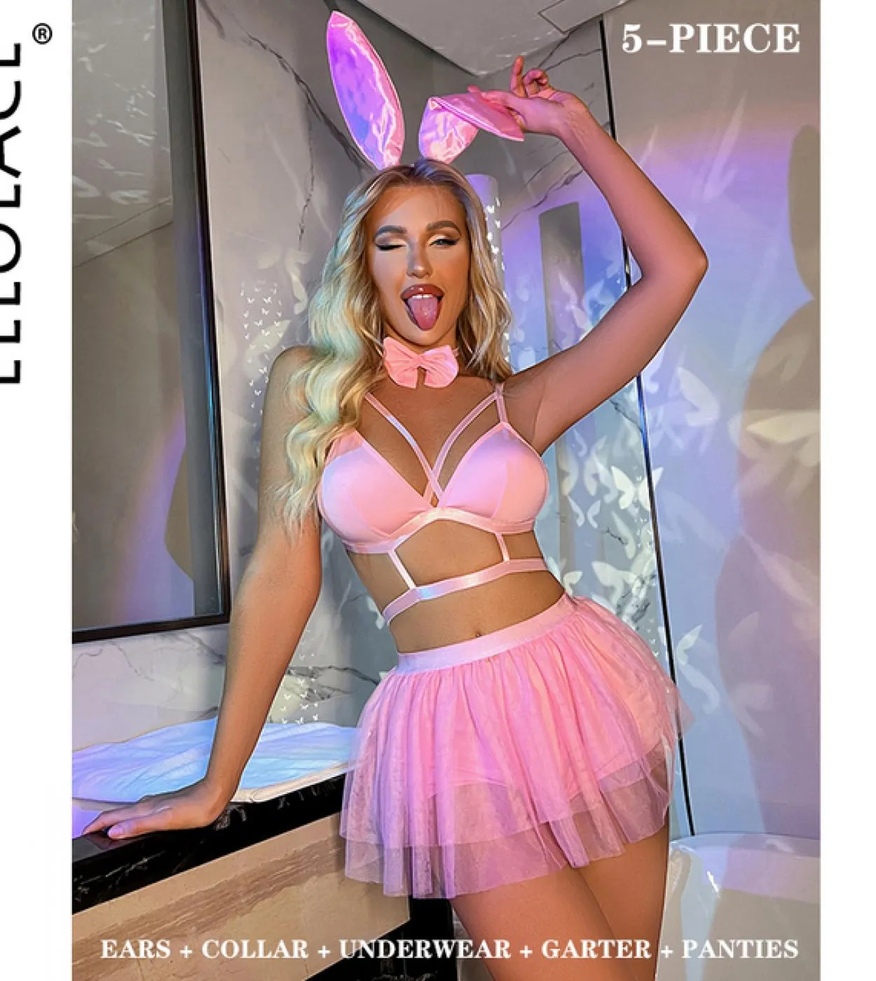 Ellolace Bunny Lingerie rosa Gonna a palloncino 5 pezzi Set esotici luminosi Biancheria intima da discoteca in pizzo Pole Dancin