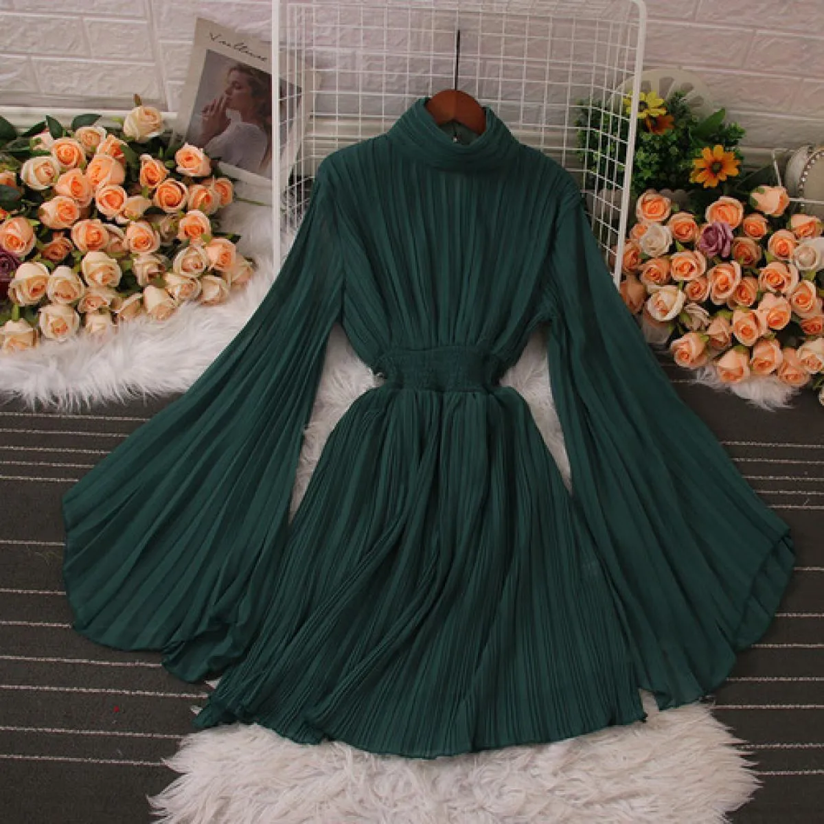 Estate elegante abito longuette per le donne pieghe a pieghe manica svasata lungo chiffon femminile abiti da sera festa Tarf 202