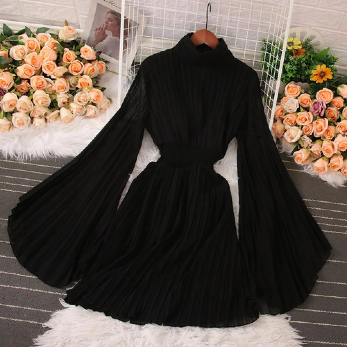 Estate elegante abito longuette per le donne pieghe a pieghe manica svasata lungo chiffon femminile abiti da sera festa Tarf 202
