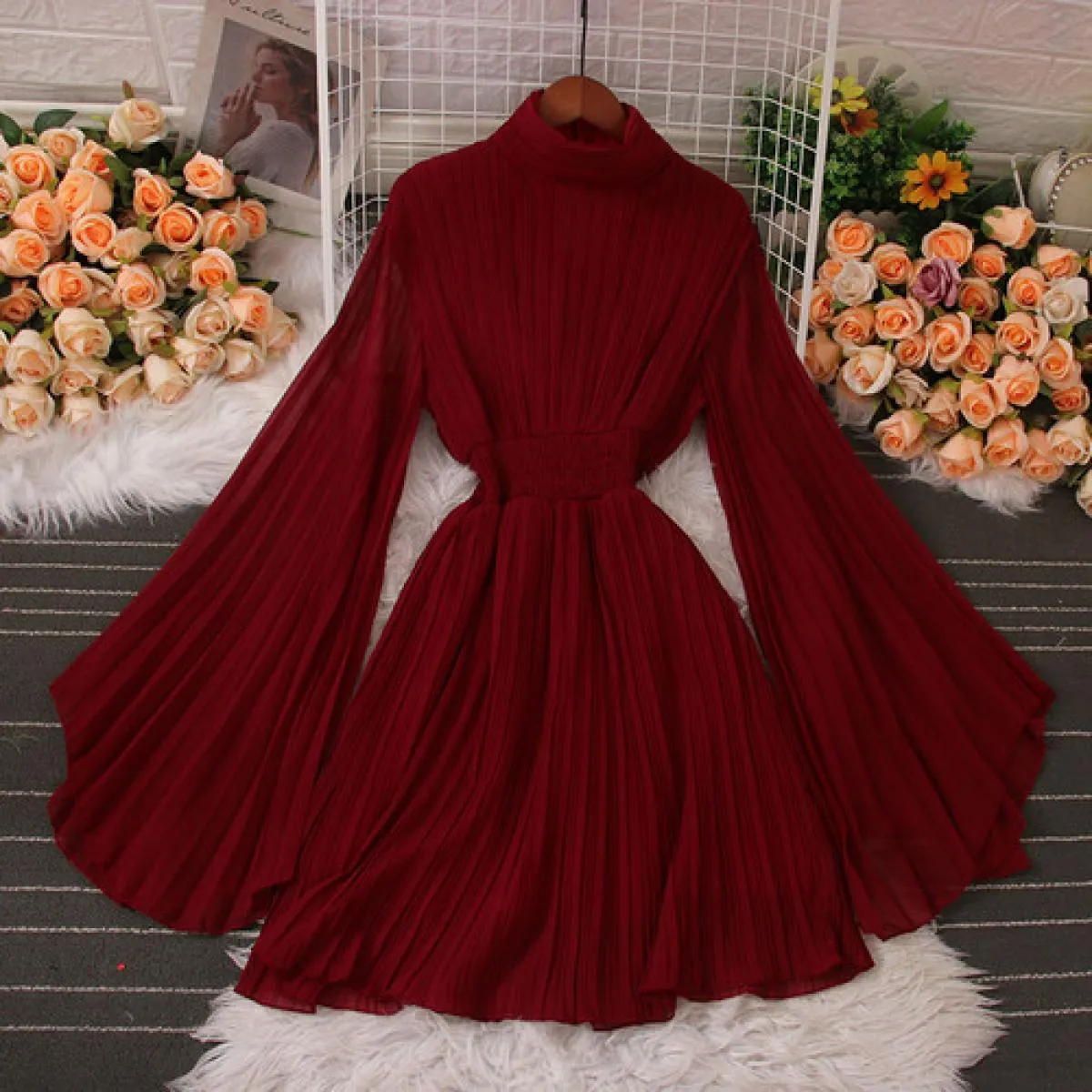 Estate elegante abito longuette per le donne pieghe a pieghe manica svasata lungo chiffon femminile abiti da sera festa Tarf 202