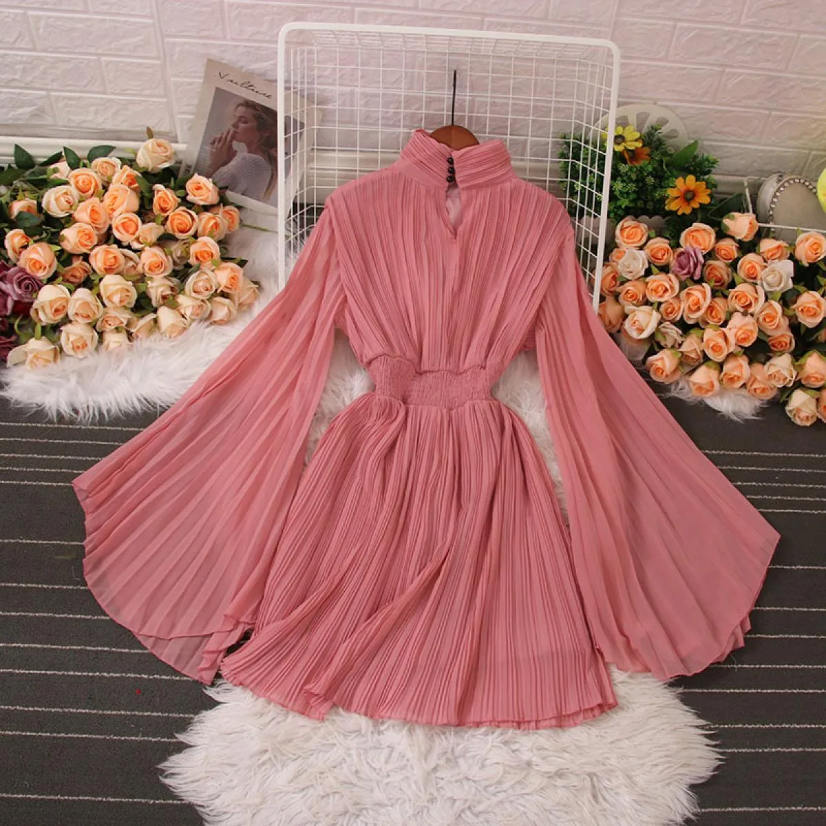 Estate elegante abito longuette per le donne pieghe a pieghe manica svasata lungo chiffon femminile abiti da sera festa Tarf 202