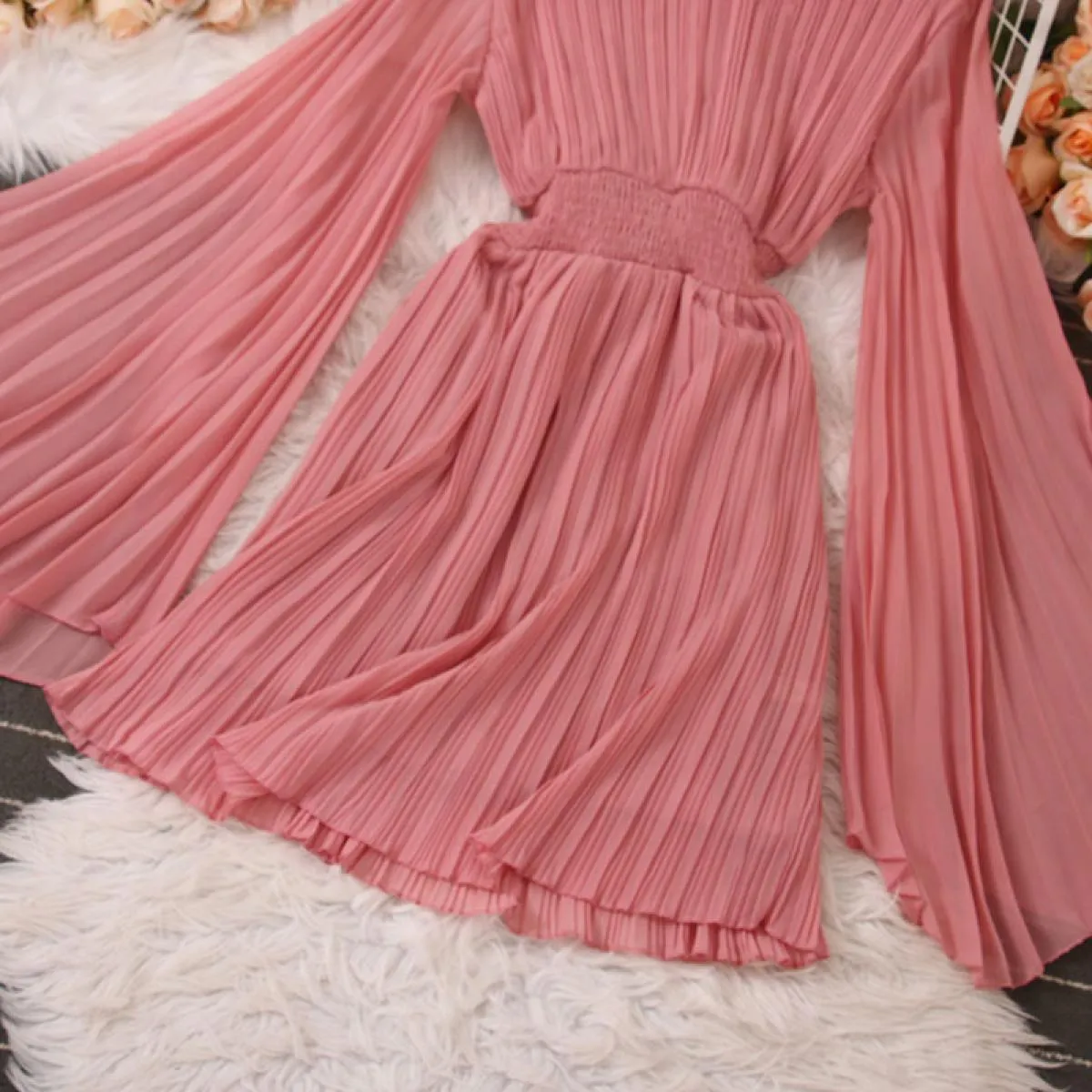 Estate elegante abito longuette per le donne pieghe a pieghe manica svasata lungo chiffon femminile abiti da sera festa Tarf 202