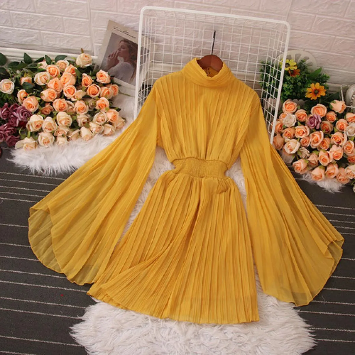 Estate elegante abito longuette per le donne pieghe a pieghe manica svasata lungo chiffon femminile abiti da sera festa Tarf 202