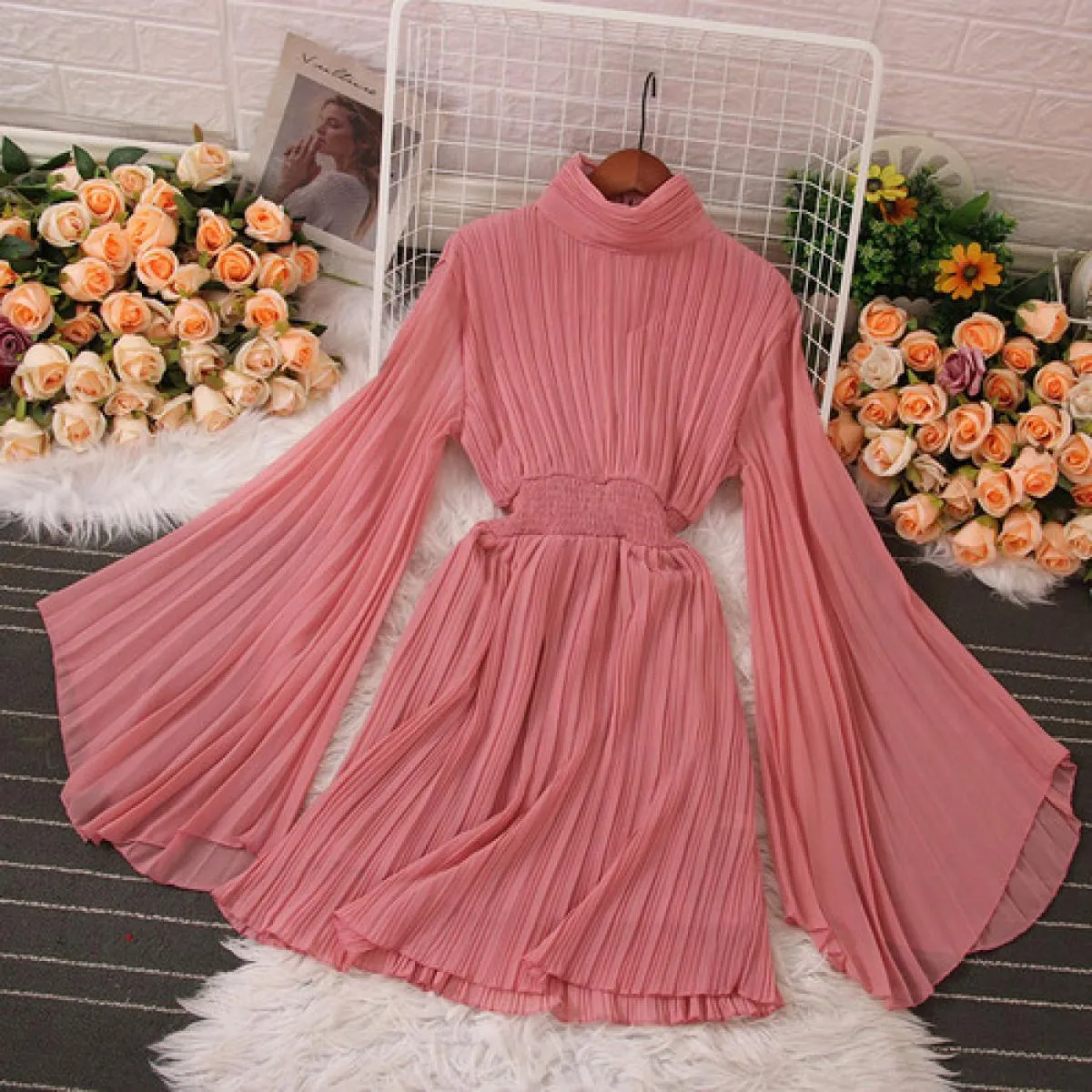Estate elegante abito longuette per le donne pieghe a pieghe manica svasata lungo chiffon femminile abiti da sera festa Tarf 202