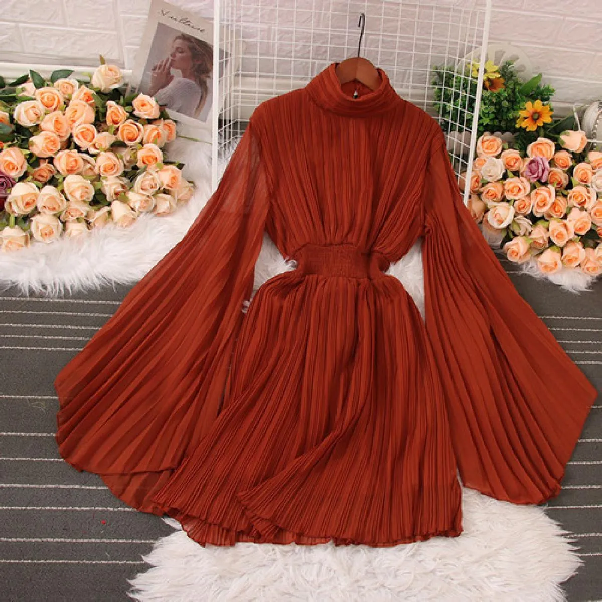 Estate elegante abito longuette per le donne pieghe a pieghe manica svasata lungo chiffon femminile abiti da sera festa Tarf 202
