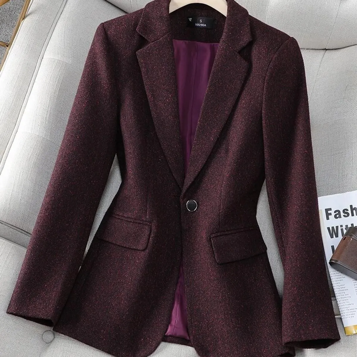 Giacca da donna autunno inverno Giacca da donna nera blu scuro Manica lunga Bottone singolo Cappotto formale da lavoro da lavoro