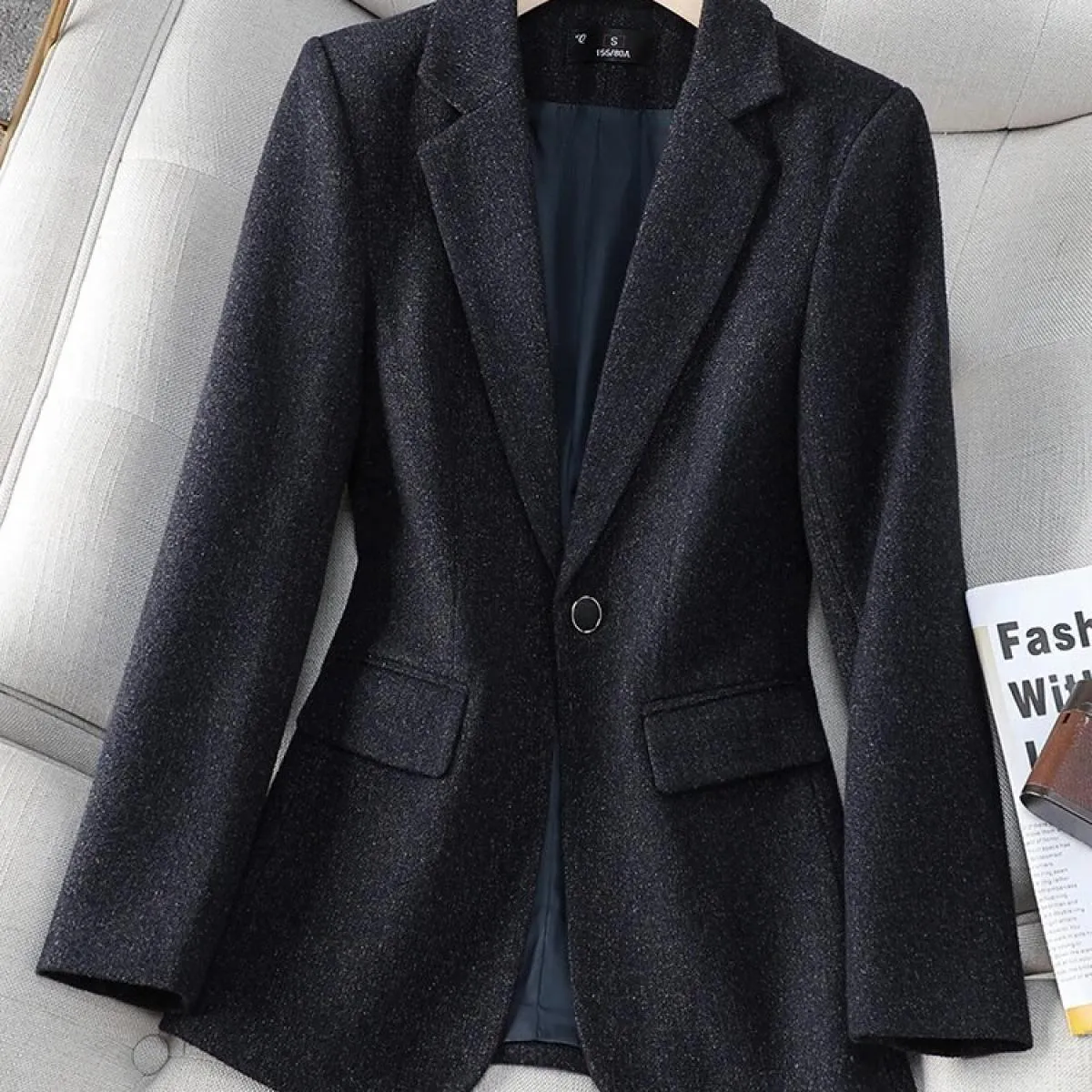 Giacca da donna autunno inverno Giacca da donna nera blu scuro Manica lunga Bottone singolo Cappotto formale da lavoro da lavoro