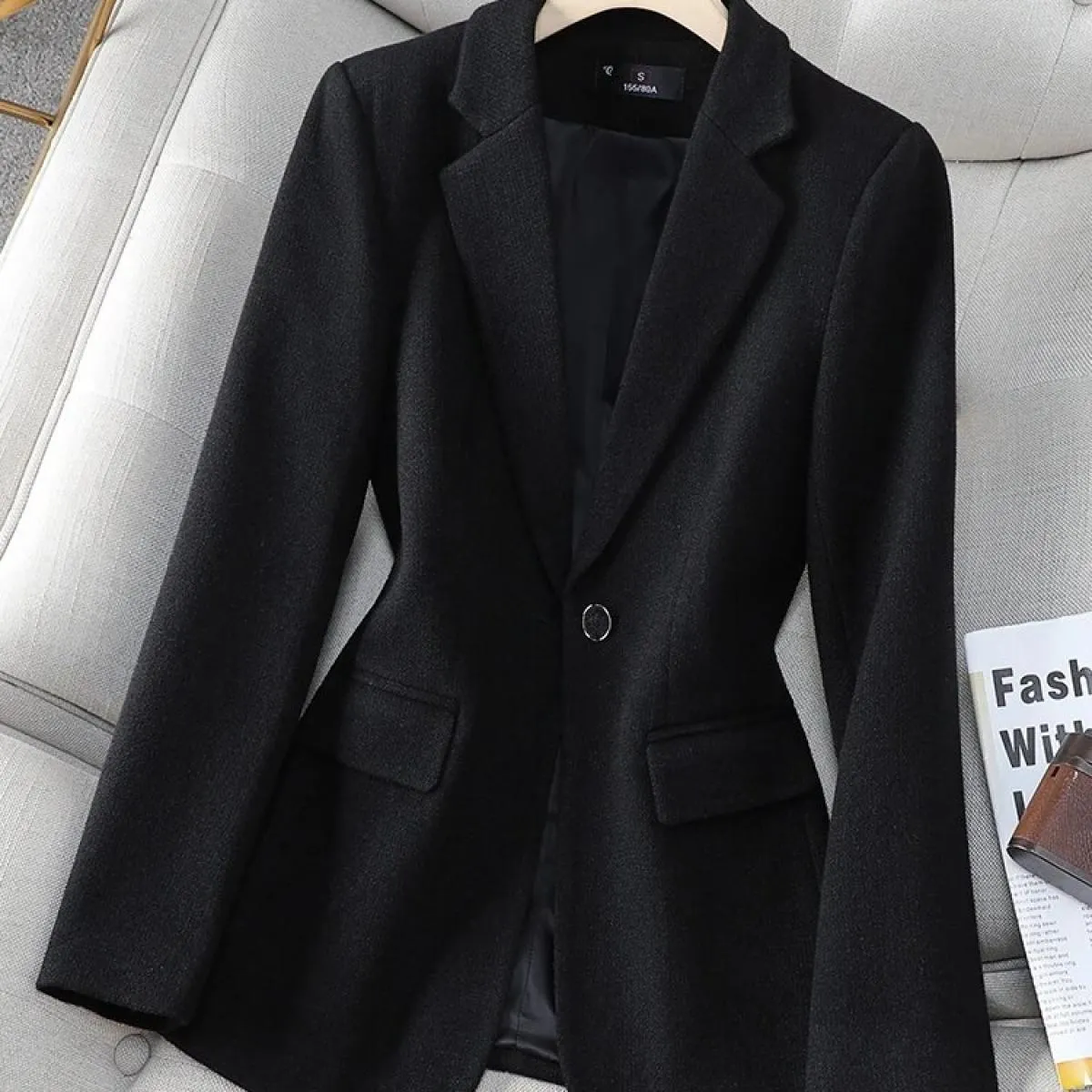 Giacca da donna autunno inverno Giacca da donna nera blu scuro Manica lunga Bottone singolo Cappotto formale da lavoro da lavoro