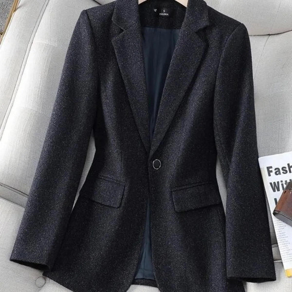 Giacca da donna autunno inverno Giacca da donna nera blu scuro Manica lunga Bottone singolo Cappotto formale da lavoro da lavoro