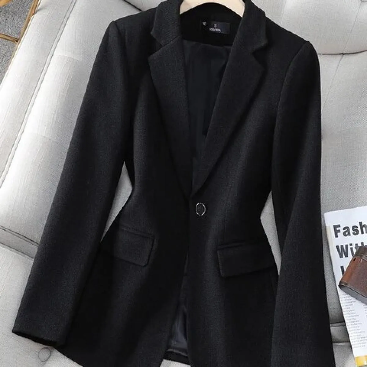 Giacca da donna autunno inverno Giacca da donna nera blu scuro Manica lunga Bottone singolo Cappotto formale da lavoro da lavoro