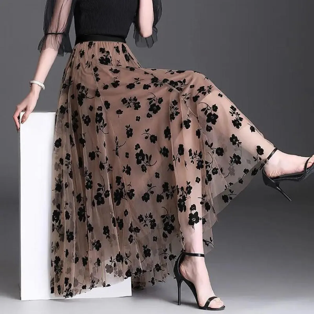 Gonne floreali in rete per donna Primavera Autunno Gonna lunga Garza a vita alta Grace Moda Gonne a sbuffo Tulle ricamato Sci