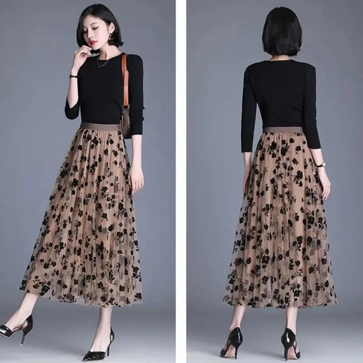Gonne floreali in rete per donna Primavera Autunno Gonna lunga Garza a vita alta Grace Moda Gonne a sbuffo Tulle ricamato Sci