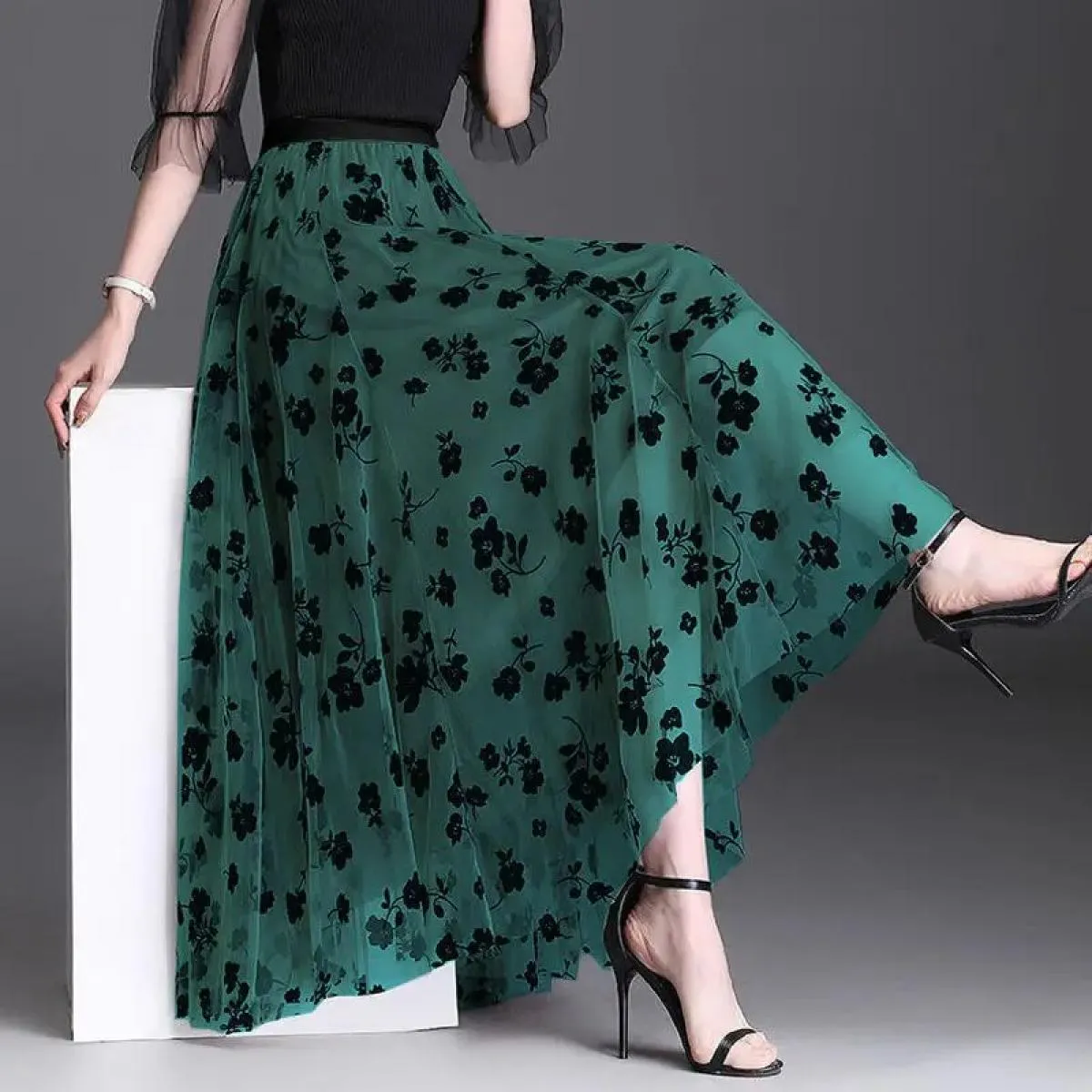 Gonne floreali in rete per donna Primavera Autunno Gonna lunga Garza a vita alta Grace Moda Gonne a sbuffo Tulle ricamato Sci