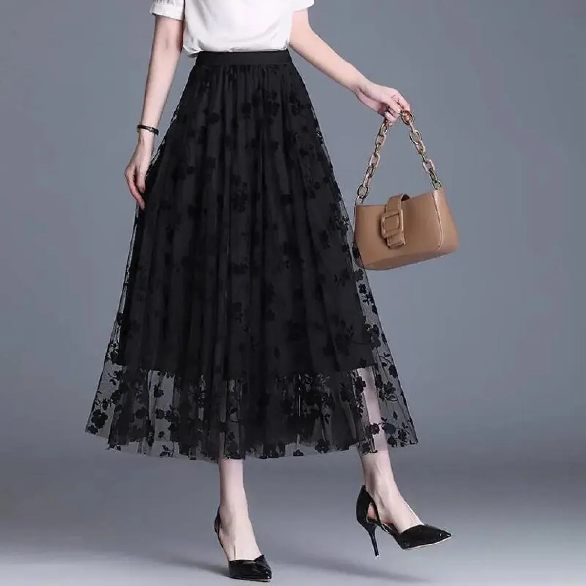 Gonne floreali in rete per donna Primavera Autunno Gonna lunga Garza a vita alta Grace Moda Gonne a sbuffo Tulle ricamato Sci