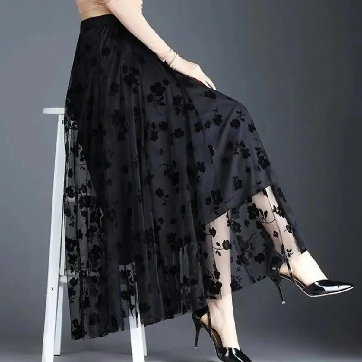 Gonne floreali in rete per donna Primavera Autunno Gonna lunga Garza a vita alta Grace Moda Gonne a sbuffo Tulle ricamato Sci