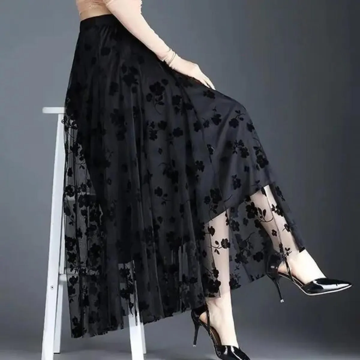 Gonne floreali in rete per donna Primavera Autunno Gonna lunga Garza a vita alta Grace Moda Gonne a sbuffo Tulle ricamato Sci