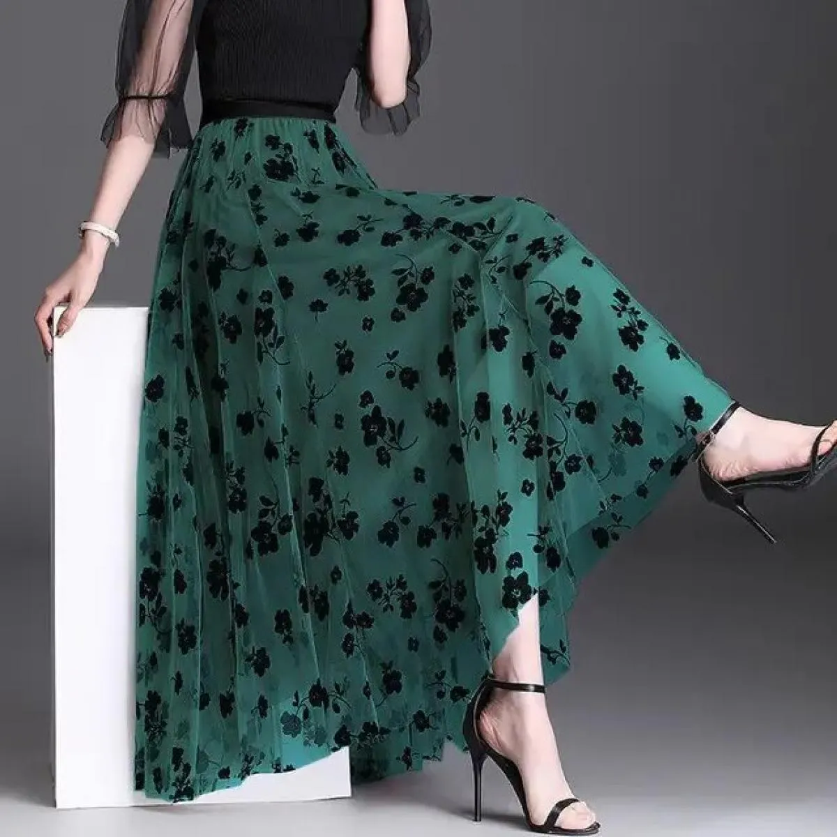 Gonne floreali in rete per donna Primavera Autunno Gonna lunga Garza a vita alta Grace Moda Gonne a sbuffo Tulle ricamato Sci