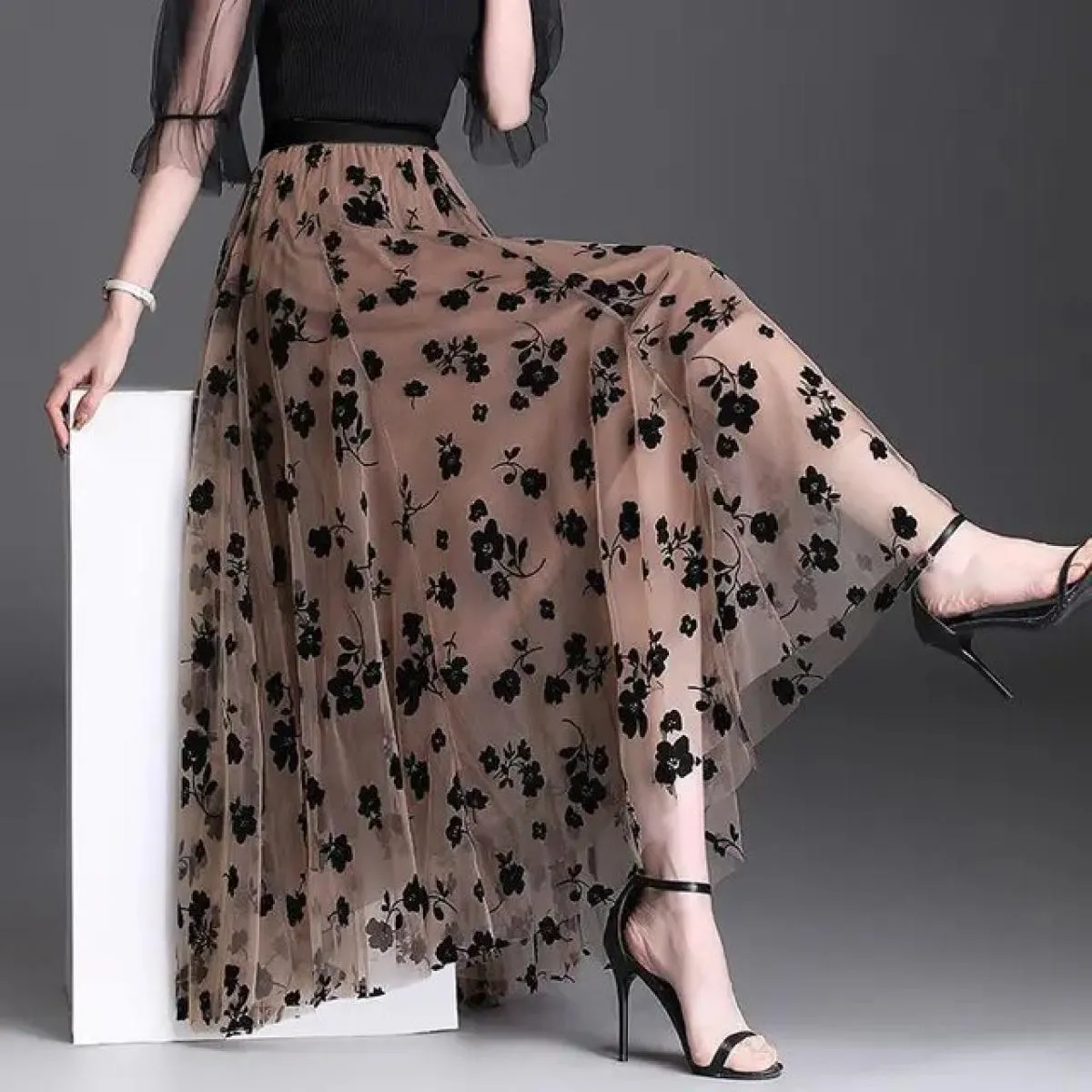 Gonne floreali in rete per donna Primavera Autunno Gonna lunga Garza a vita alta Grace Moda Gonne a sbuffo Tulle ricamato Sci