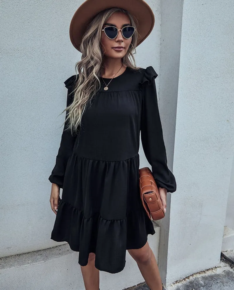 Jim Nora Moda Donna Manica Lunga Girocollo Allentato Mini Abito A Pieghe Casual Solido Pieghe Abiti Neri Eleganti Nuovo Ve