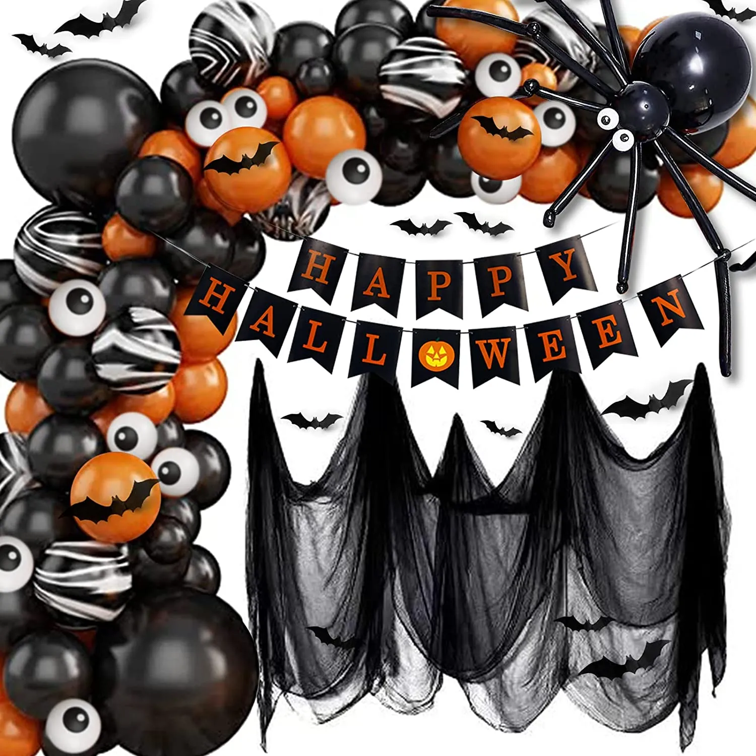 Kit Halloween Decorazioni, 88pcs Palloncini Festone Happy Halloween con Ragnatela e Banner e Pipistrello per Halloween Decorazio