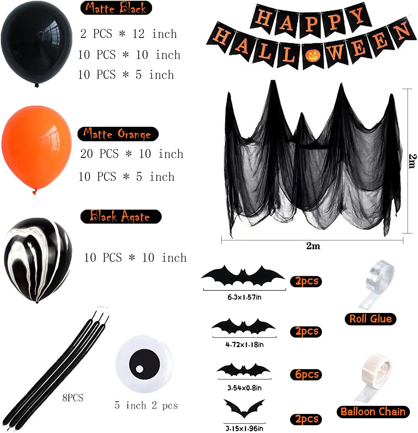 Kit Halloween Decorazioni, 88pcs Palloncini Festone Happy Halloween con Ragnatela e Banner e Pipistrello per Halloween Decorazio