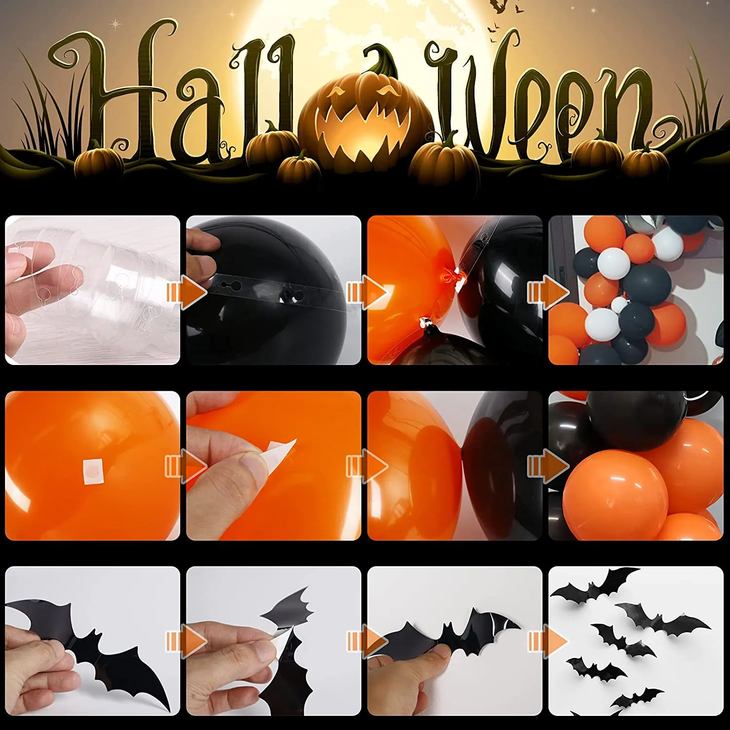 Kit Halloween Decorazioni, 88pcs Palloncini Festone Happy Halloween con Ragnatela e Banner e Pipistrello per Halloween Decorazio