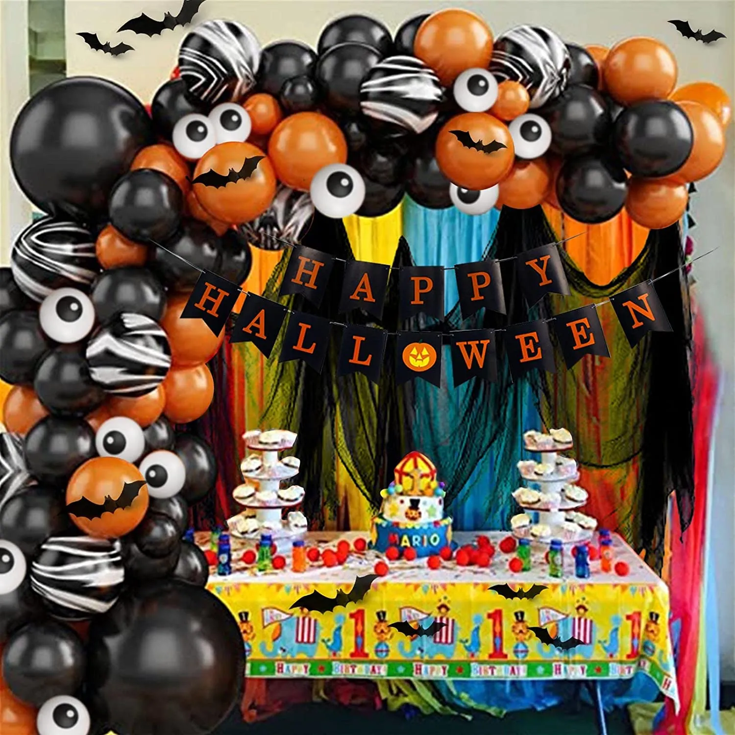 Kit Halloween Decorazioni, 88pcs Palloncini Festone Happy Halloween con Ragnatela e Banner e Pipistrello per Halloween Decorazio