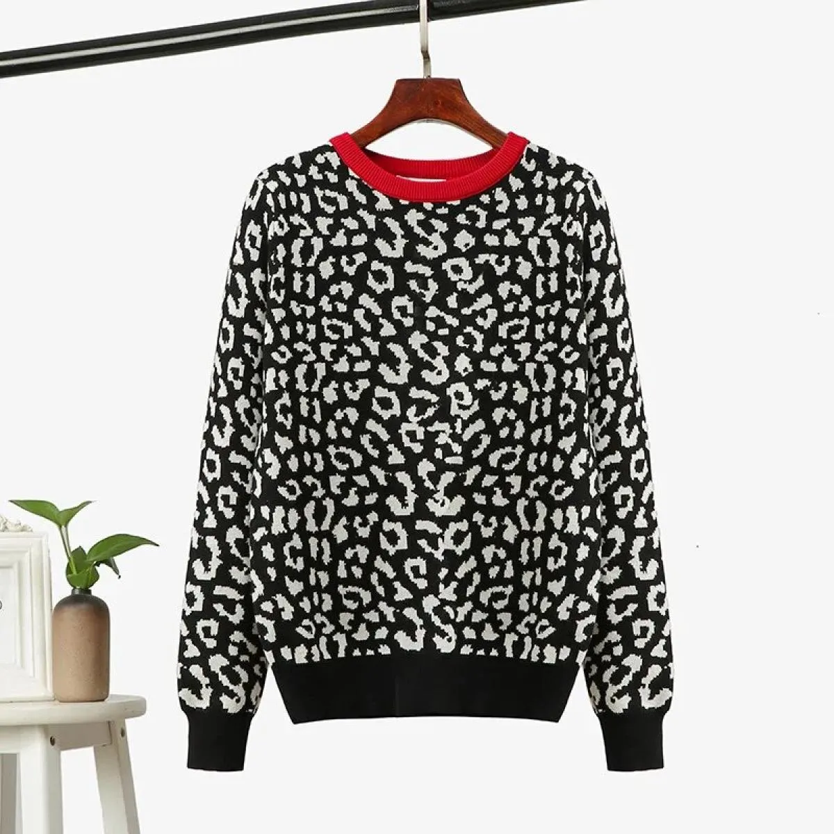 Maglioni da donna Maglioni autunno-inverno Pullover lavorato a maglia leopardato Manica lunga Maglioni girocollo in colore a con