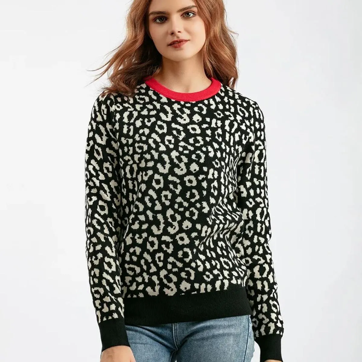 Maglioni da donna Maglioni autunno-inverno Pullover lavorato a maglia leopardato Manica lunga Maglioni girocollo in colore a con