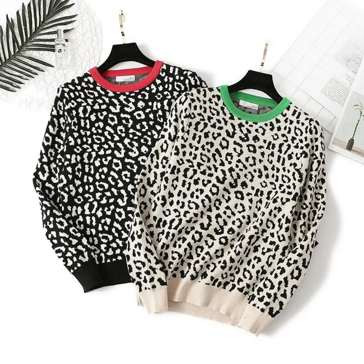 Maglioni da donna Maglioni autunno-inverno Pullover lavorato a maglia leopardato Manica lunga Maglioni girocollo in colore a con