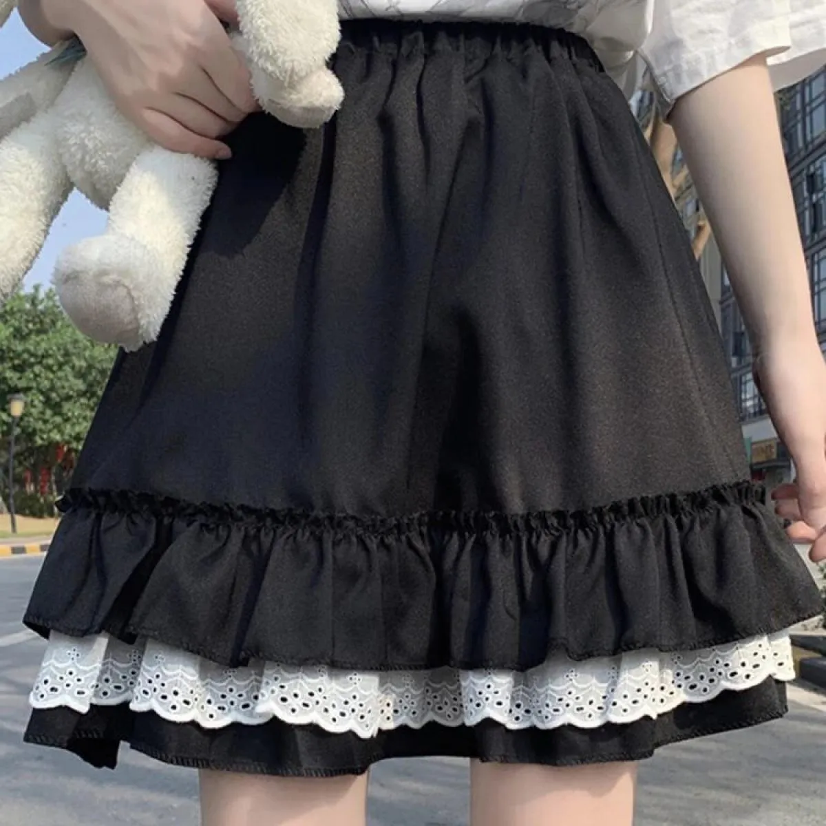 Mini gonne gotiche con volant in pizzo gotico Donna Harajuku Fata Gonna a pieghe nera Grunge Lolita Streetwear
