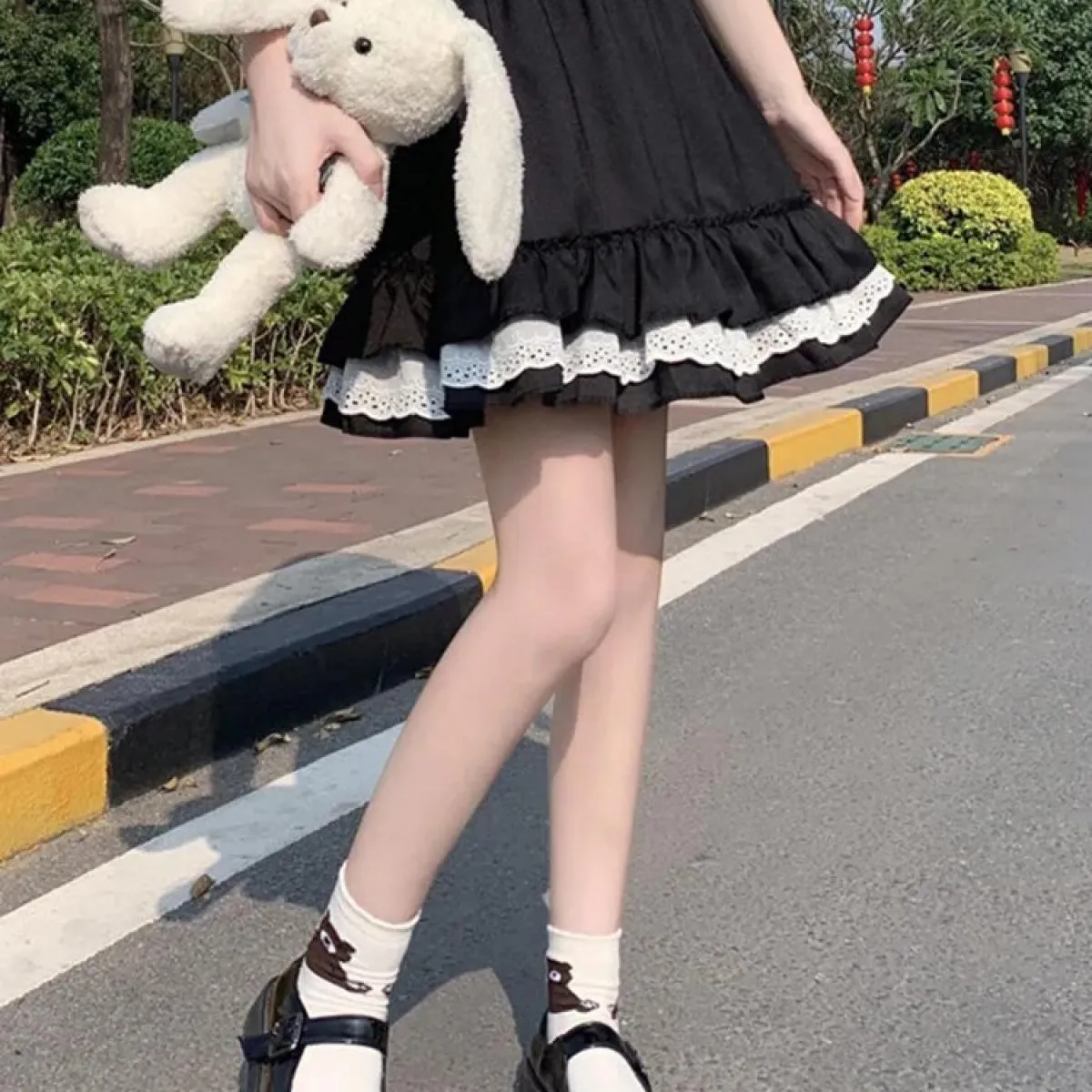 Mini gonne gotiche con volant in pizzo gotico Donna Harajuku Fata Gonna a pieghe nera Grunge Lolita Streetwear