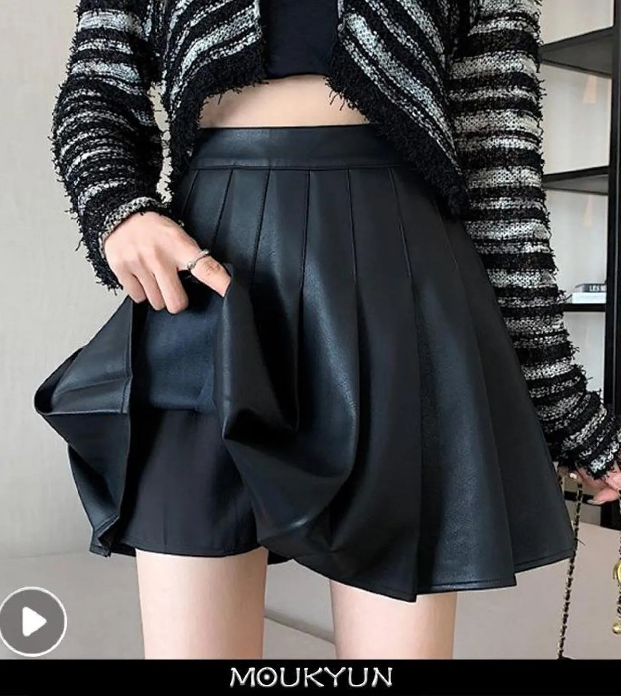 Minigonna in pelle da donna Moukyun Moda a vita alta Pieghettata A Line Pu Gonne Za Donna Clubwear Gonna da ballo Faldas