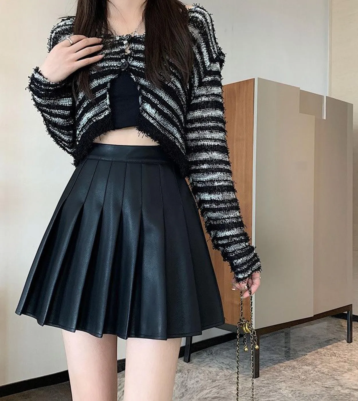 Minigonna in pelle da donna Moukyun Moda a vita alta Pieghettata A Line Pu Gonne Za Donna Clubwear Gonna da ballo Faldas