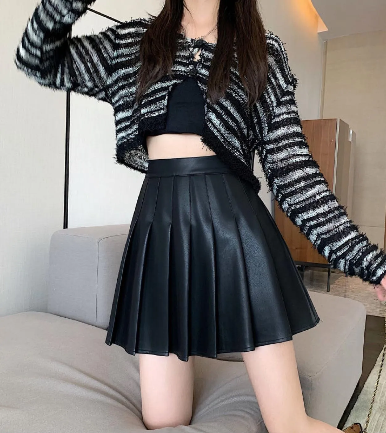 Minigonna in pelle da donna Moukyun Moda a vita alta Pieghettata A Line Pu Gonne Za Donna Clubwear Gonna da ballo Faldas