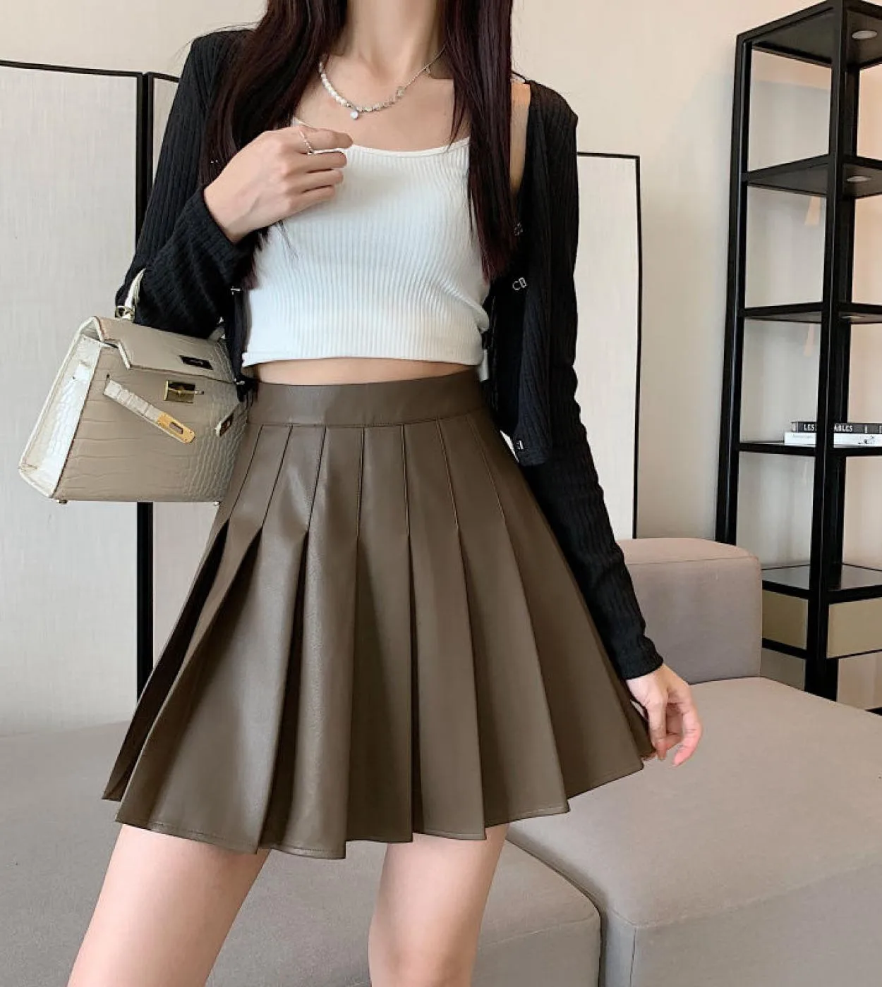 Minigonna in pelle da donna Moukyun Moda a vita alta Pieghettata A Line Pu Gonne Za Donna Clubwear Gonna da ballo Faldas