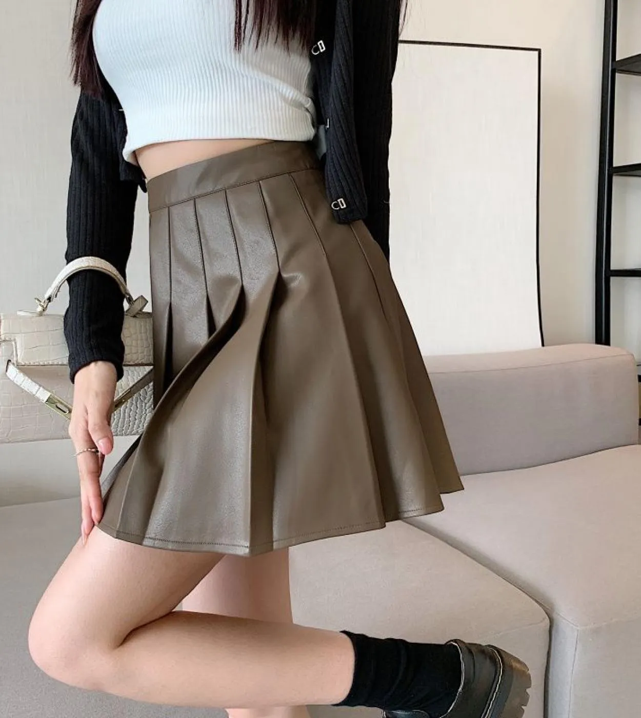 Minigonna in pelle da donna Moukyun Moda a vita alta Pieghettata A Line Pu Gonne Za Donna Clubwear Gonna da ballo Faldas