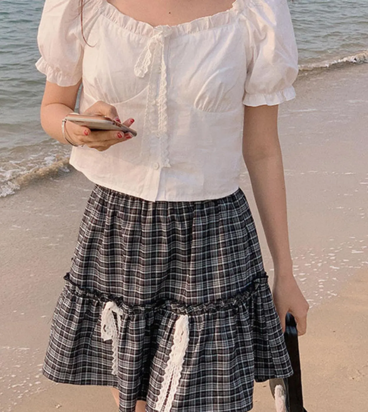 Minigonna scozzese Kawaii Donna Estate Dolce carino Gonna corta stile Preppy in pizzo High Street Soft Girl