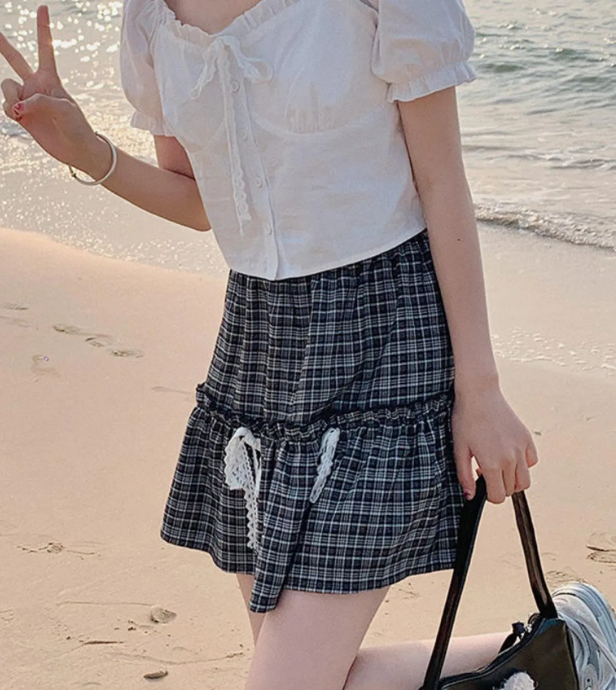 Minigonna scozzese Kawaii Donna Estate Dolce carino Gonna corta stile Preppy in pizzo High Street Soft Girl
