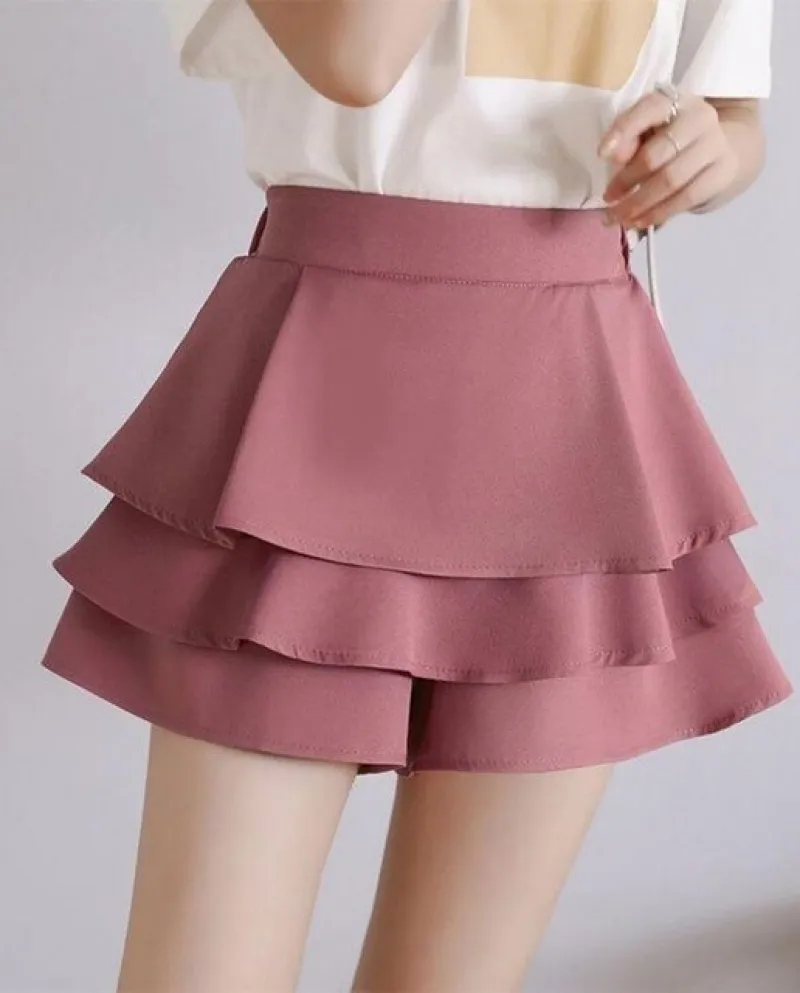 Minigonne impiombate con volant alla moda Estate Nuove donne Abbigliamento casual Tutto abbinato Gonna a vita alta in tinta unit