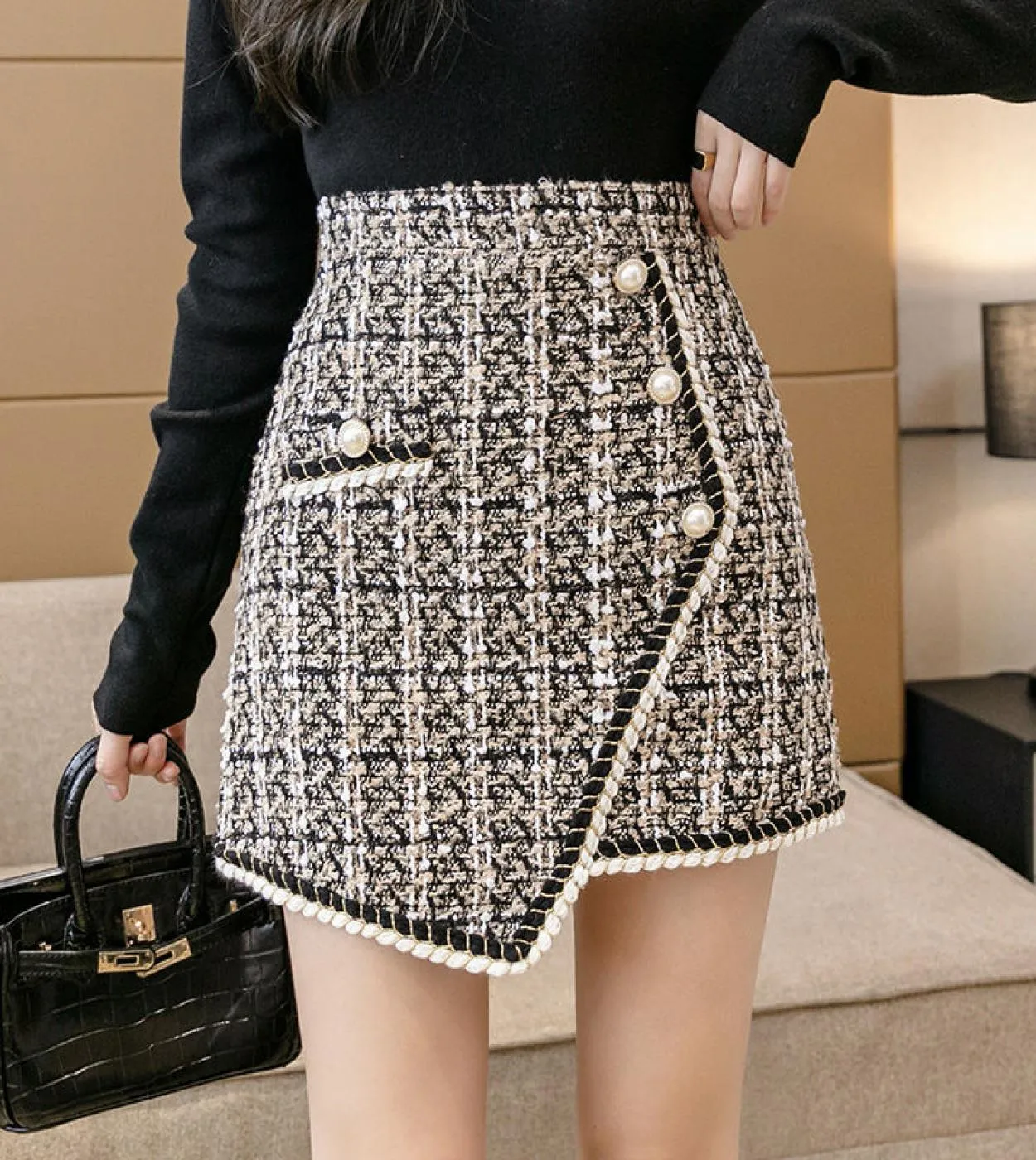 Minigonne in tweed Donna Autunno Inverno Eleganti bottoni a vita alta Patchwork Aline Gonna scozzese sottile Gonne alla moda