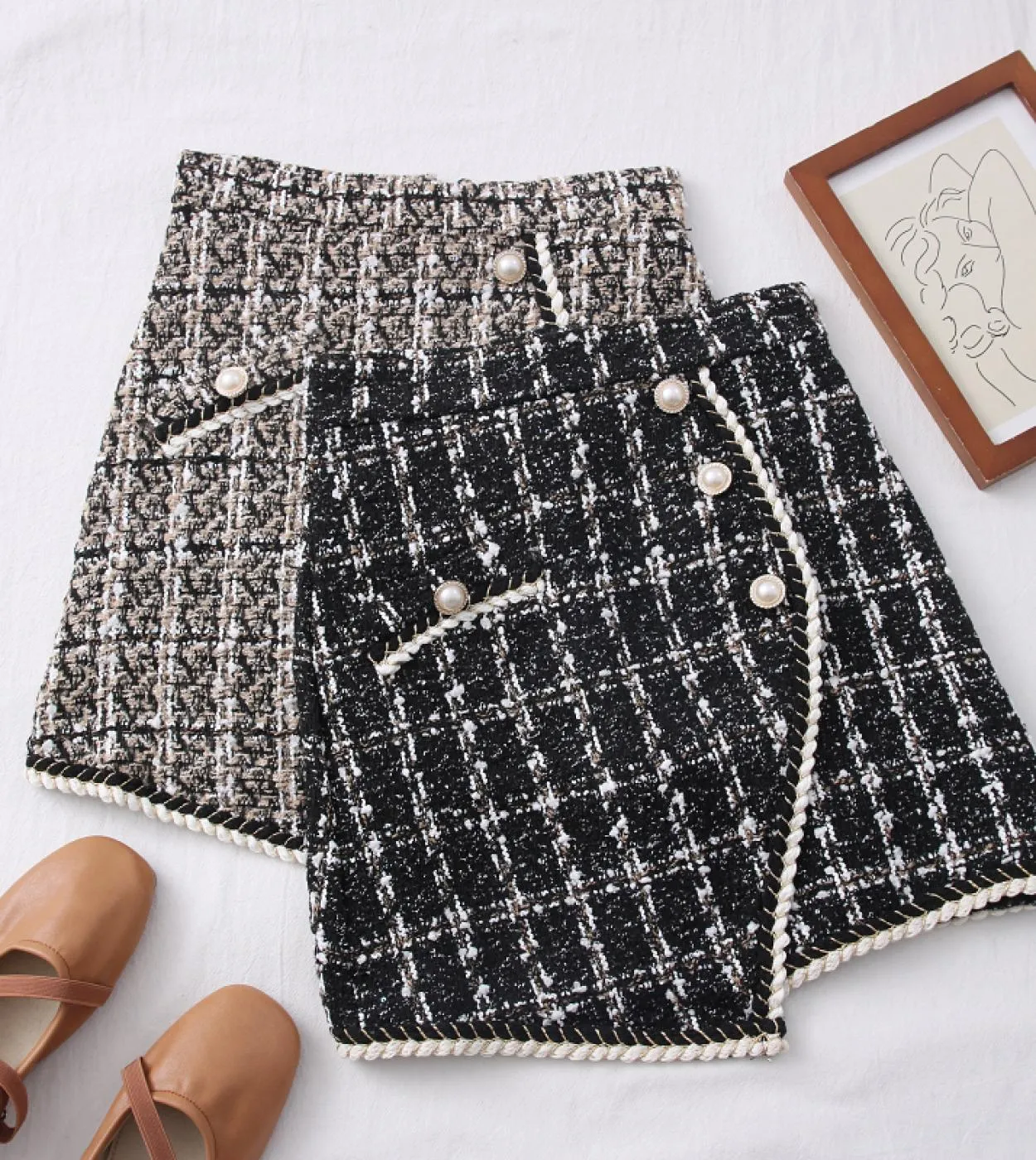 Minigonne in tweed Donna Autunno Inverno Eleganti bottoni a vita alta Patchwork Aline Gonna scozzese sottile Gonne alla moda