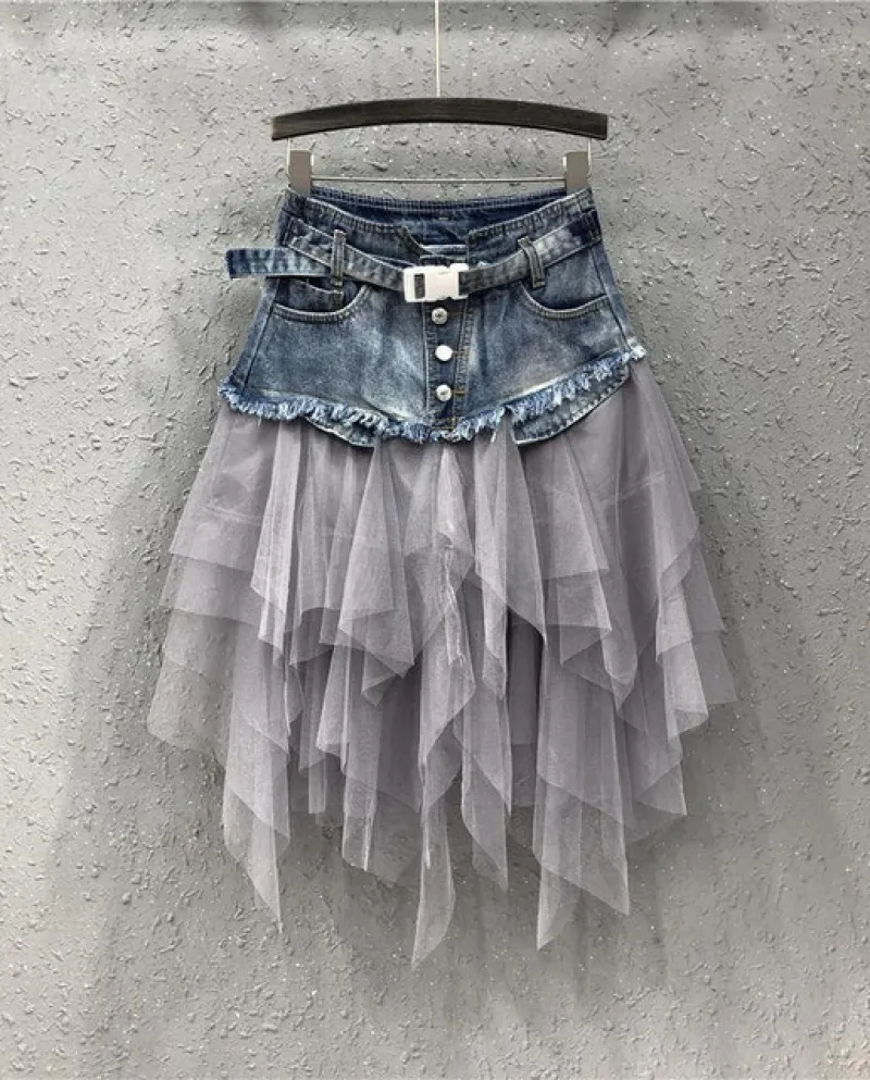 Moda Punk Maglia Splicing Gonna Irregolare 2022 Estate Nuovo Casual Tutto Fiammifero A Vita Alta Pieghettato Cupcake A Line