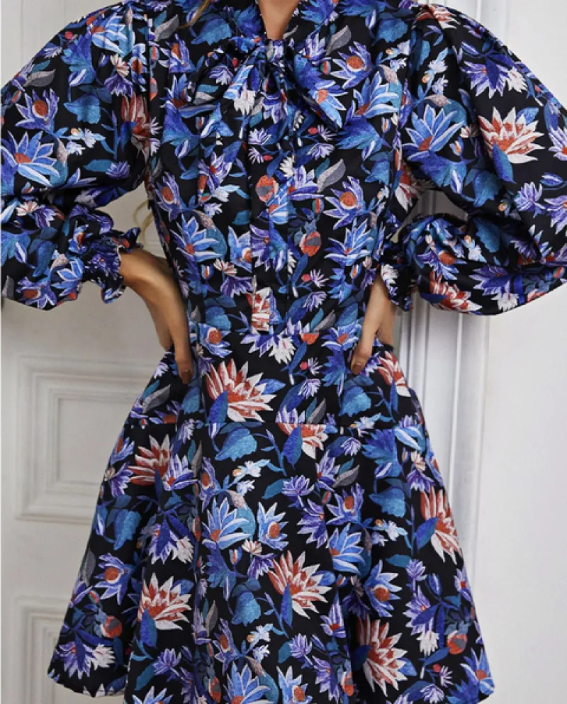 Nuova moda primavera ed estate elegante gonna di colore con fiocco, vita alta e maniche lunghe Office Lady A Line Dress For
