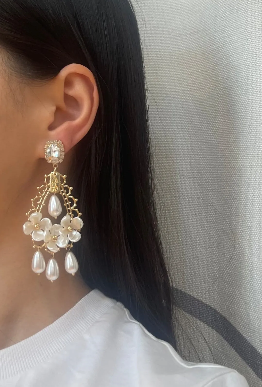 Orecchini Donna Coppia Pendenti Perle Fiori Bicolore Elegante Cerimonia